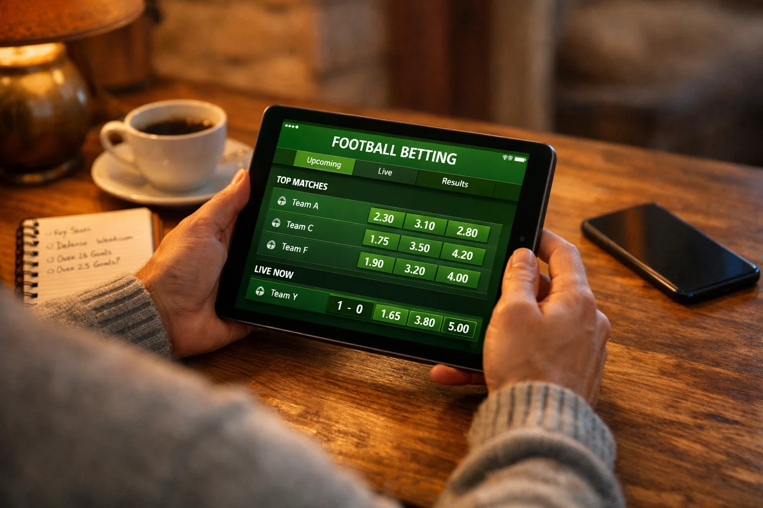Persona revisando cuotas de la Premier League en una tableta desde un escritorio con notas de análisis