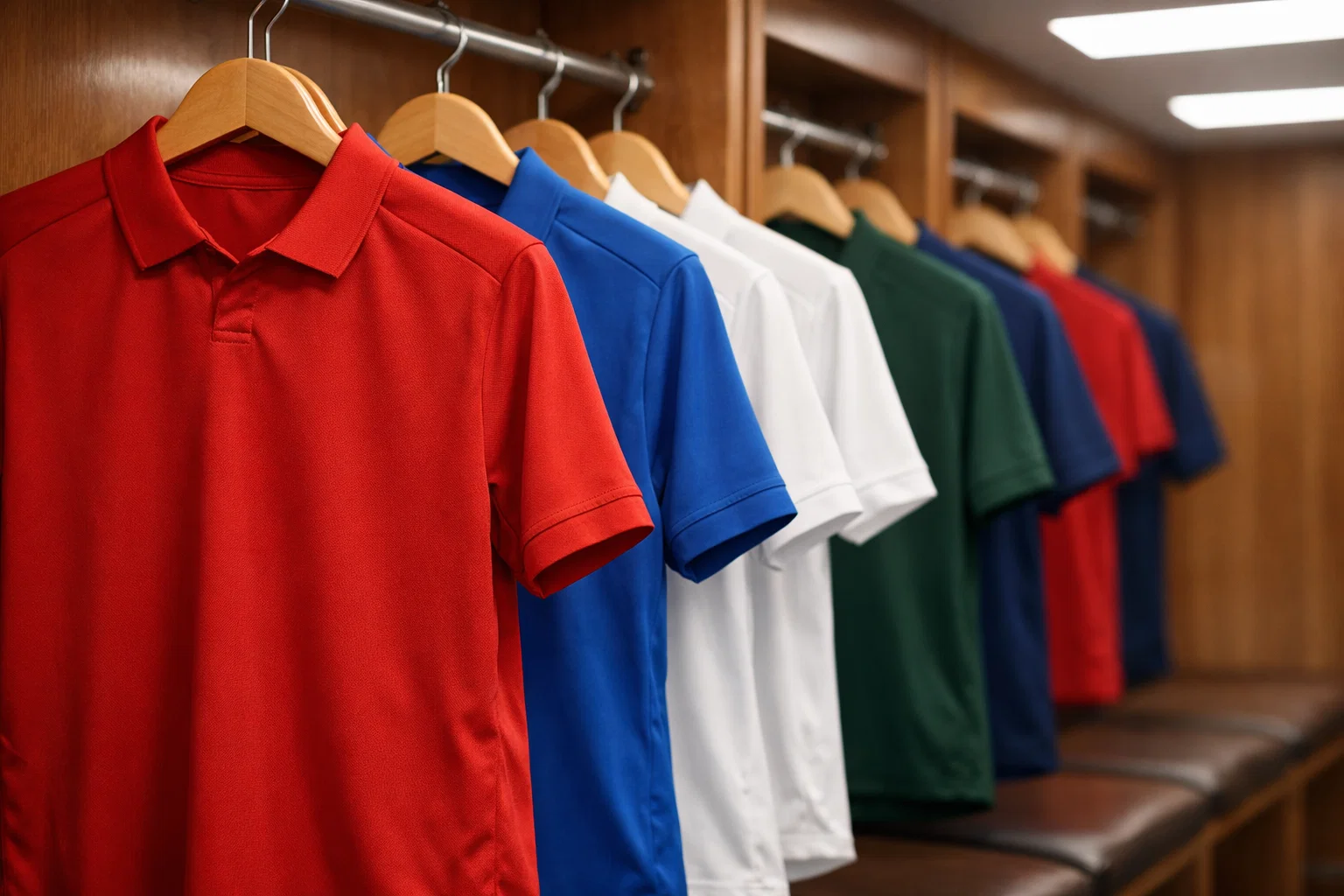 Camisetas de fútbol colgadas en un vestuario de la Premier League con iluminación cenital
